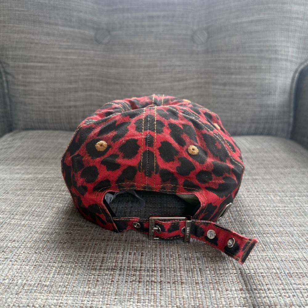 Ganni Red and Black Leopard-Print Baseball Cap with Hardware - Picture 3 of 5